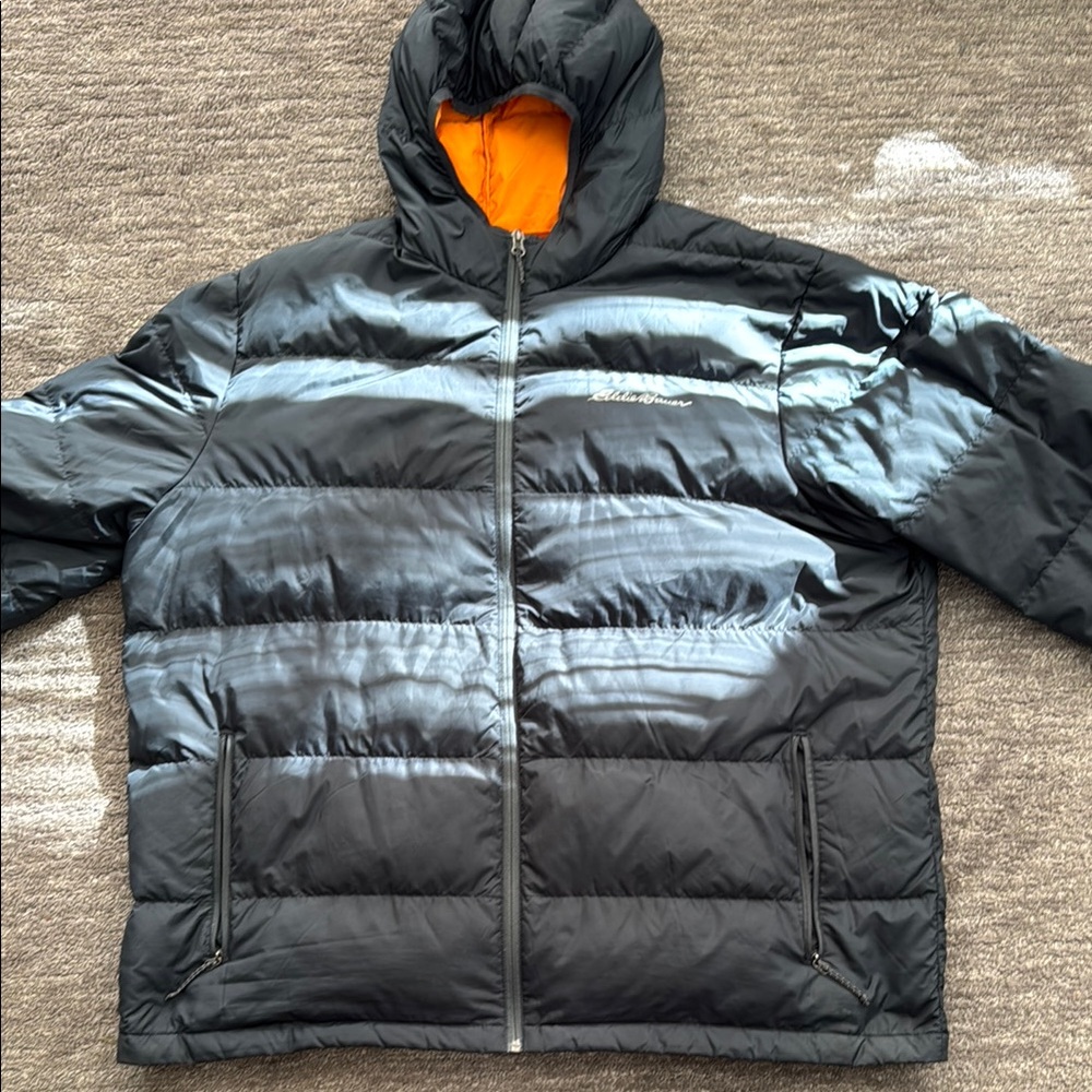 Eddie Bauer Men's Black Down Puffer Jacket with Orange Lining